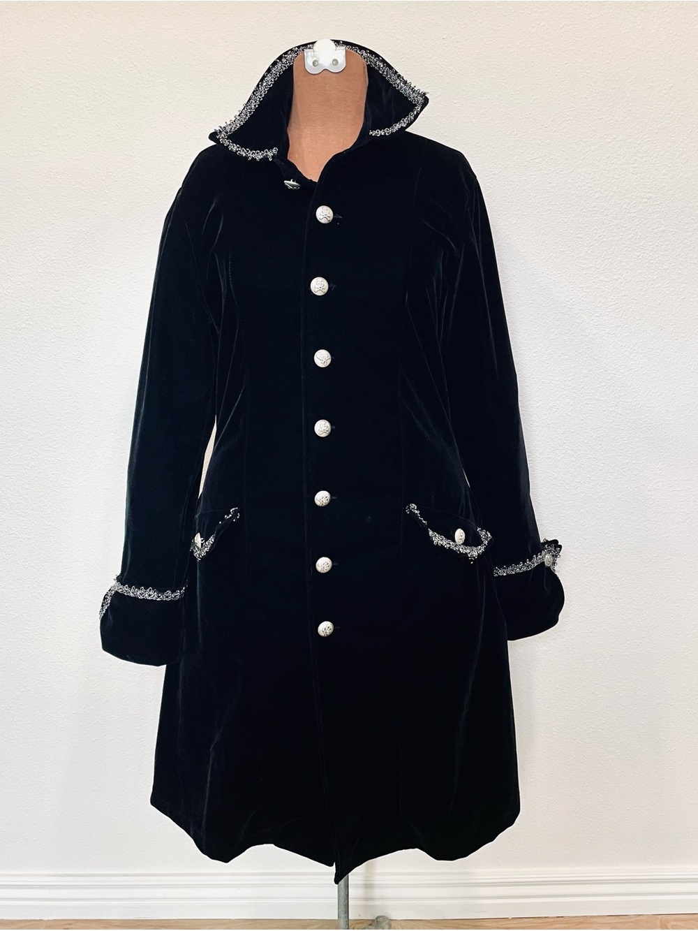 PIRATE Black Velvet Trench Coat with Silver Trim